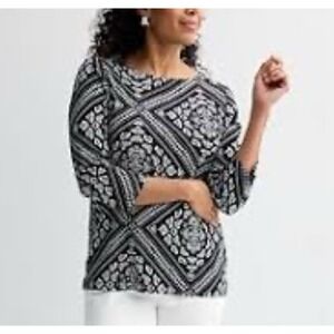 Croft Barrow Women's Blouse Top Floral Medium Black White 3/4 Sleeve Casual